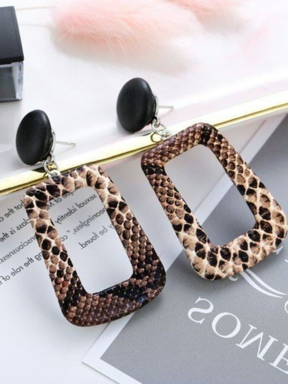 Briella Style Snake Skin Open Square Dangle Earrings Brown Black Gift Packaged - Thumbnail 5
