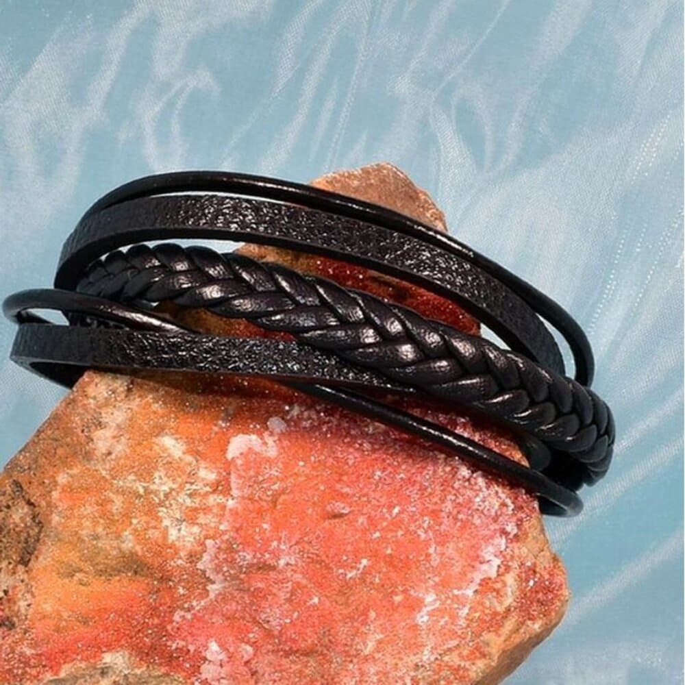 Vault Josef Mens Five Layer Silver Metal Clasp Leather Bracelet Black Gift Boxed - Thumbnail 8