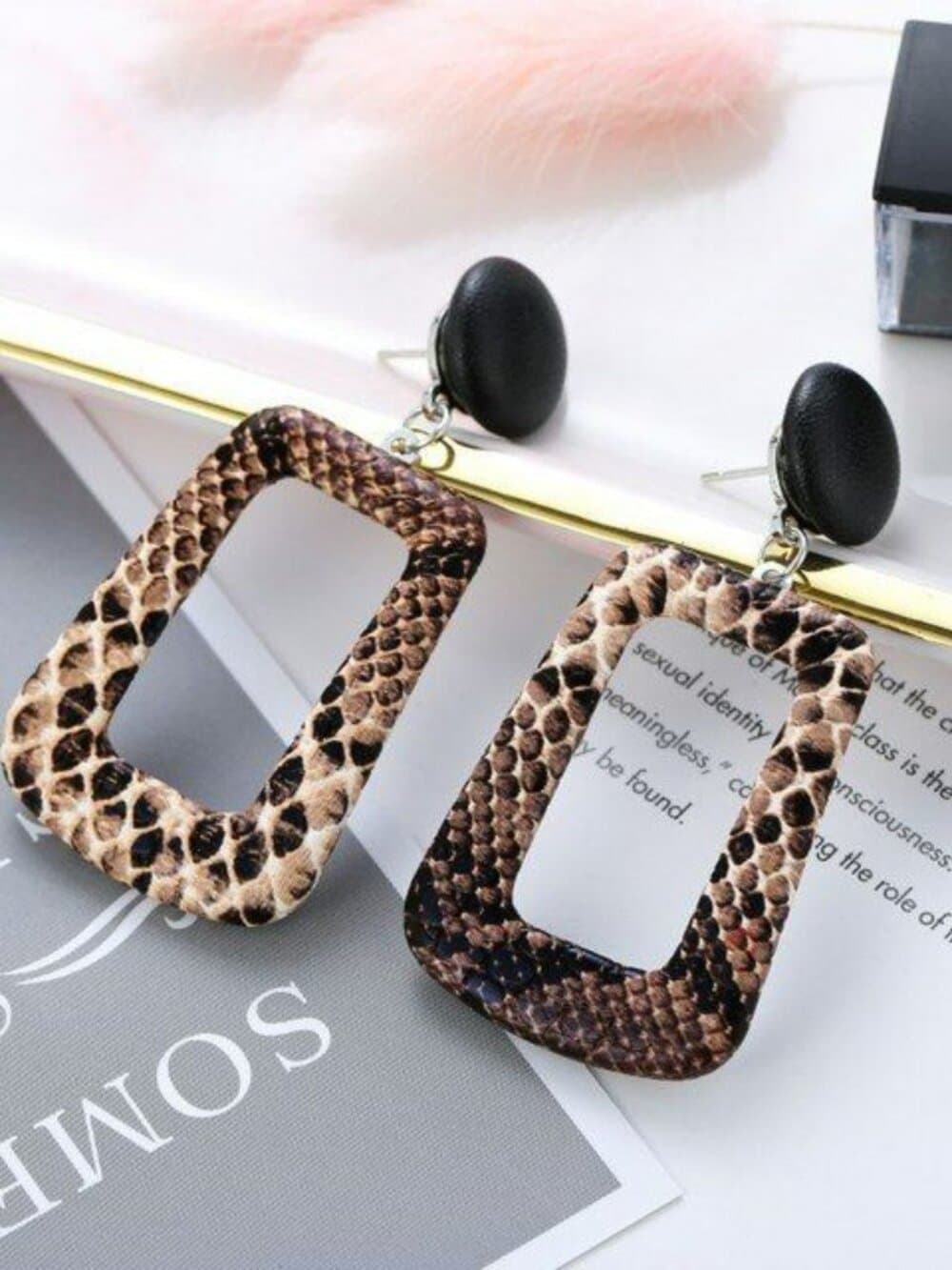 Briella Style Snake Skin Open Square Dangle Earrings Brown Black Gift Packaged - Thumbnail 3