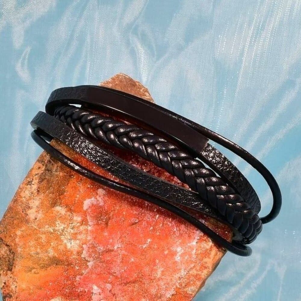 Vault Ableman Five Layer Metal Accent Leather Clasp Bracelet Black Gift Boxed - Thumbnail 8