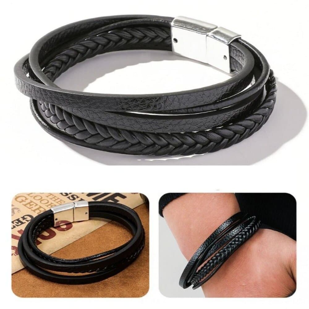 Vault Josef Mens Five Layer Silver Metal Clasp Leather Bracelet Black Gift Boxed - Thumbnail 2