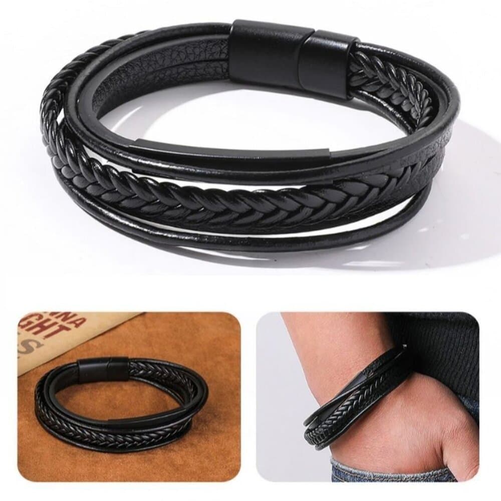 Vault Ableman Five Layer Metal Accent Leather Clasp Bracelet Black Gift Boxed - Thumbnail 2