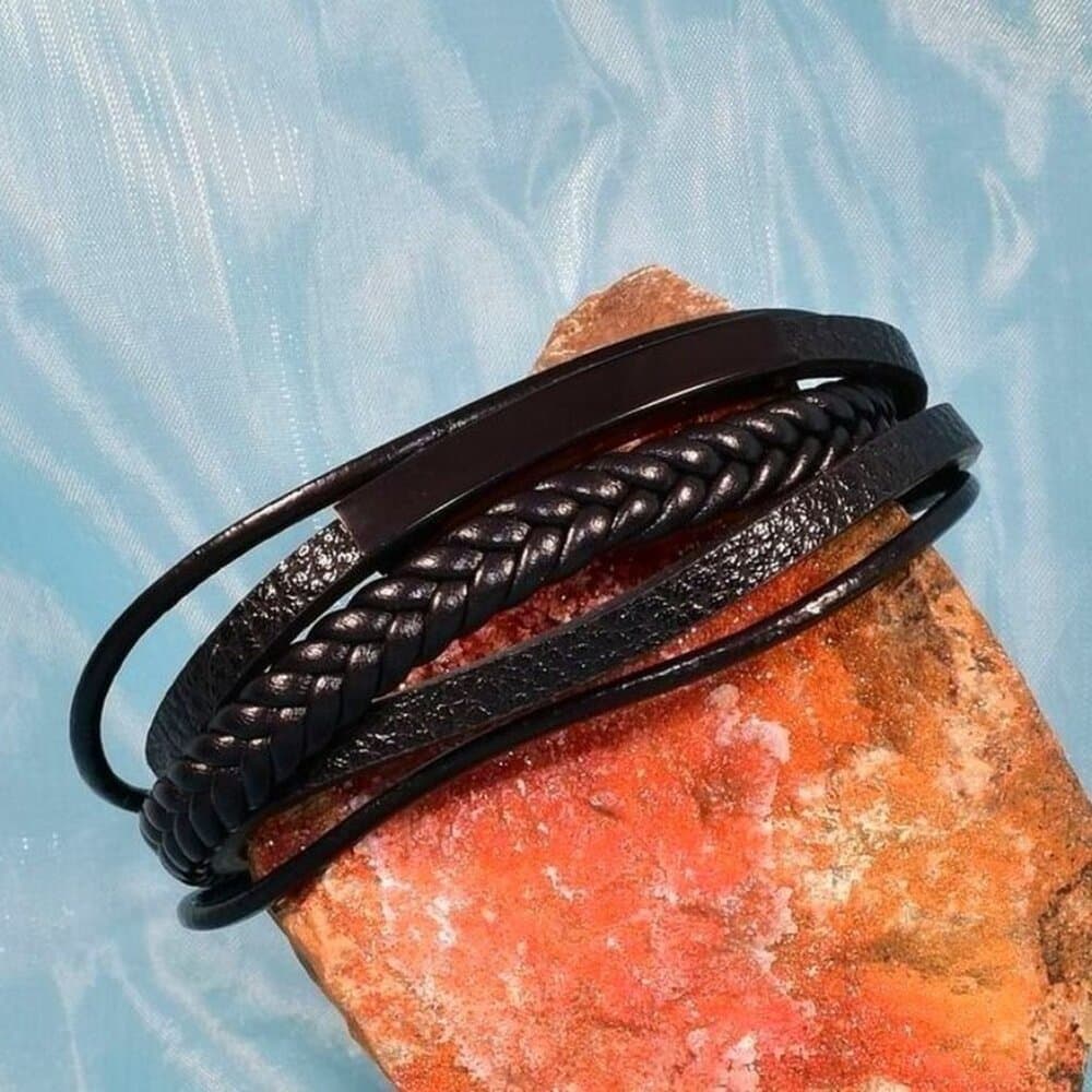 Vault Ableman Five Layer Metal Accent Leather Clasp Bracelet Black Gift Boxed - Thumbnail 3