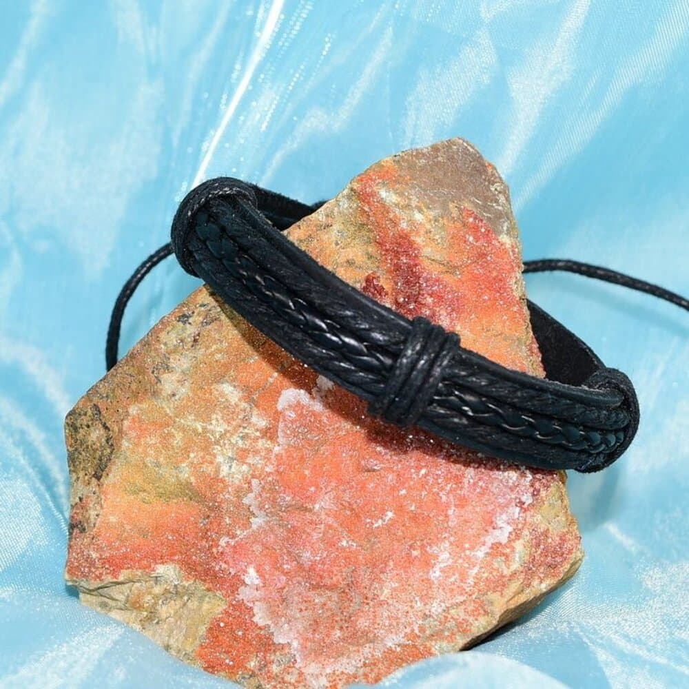 Michael Diego Mens Braid Layered Sliding Tie Leather Bracelet Black Gift Package - Thumbnail 3