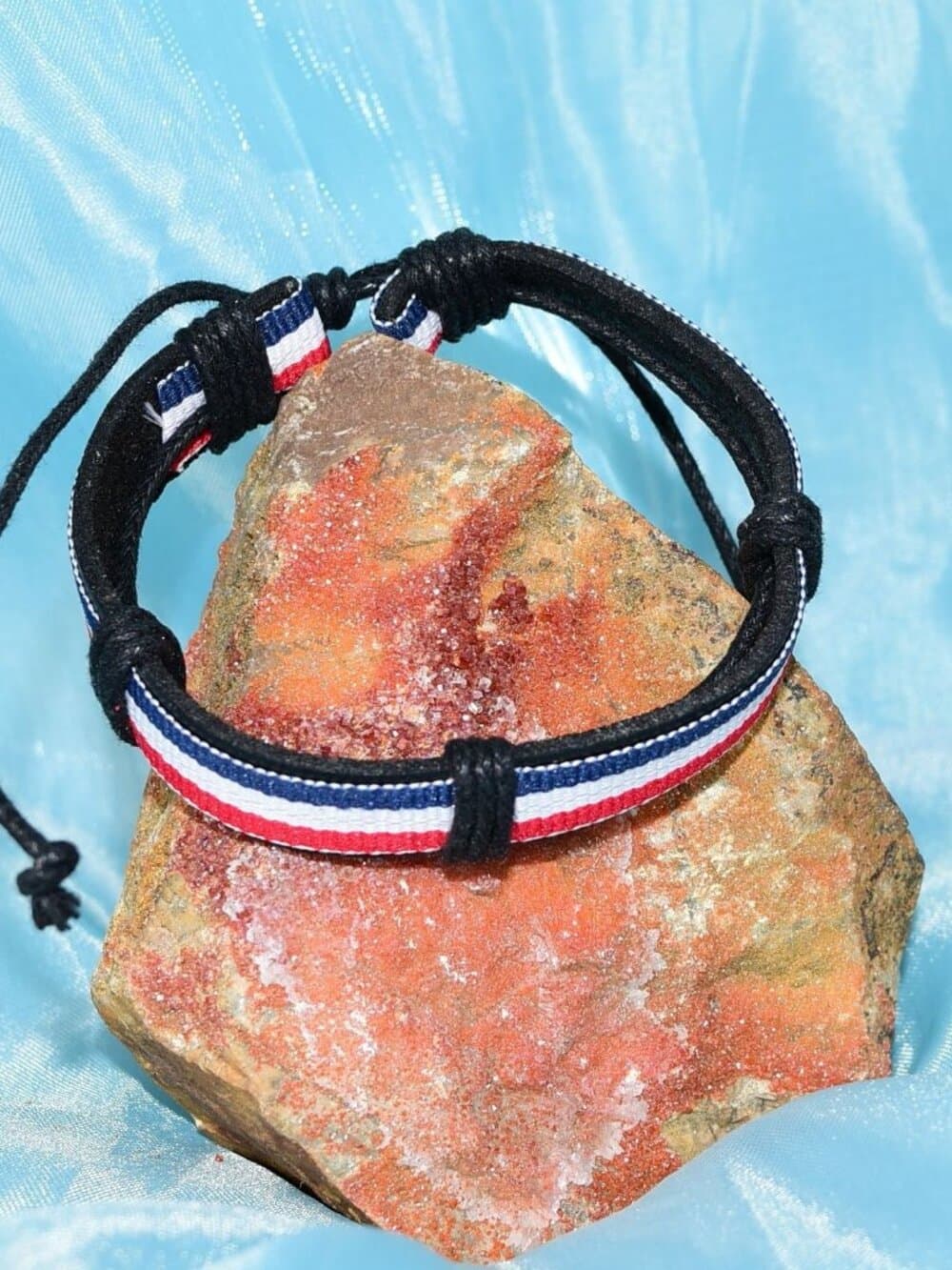Rey Ribbon Slide Tie Leather Bracelet Red White Blue Stripe Mens Gift Boxed - Thumbnail 4