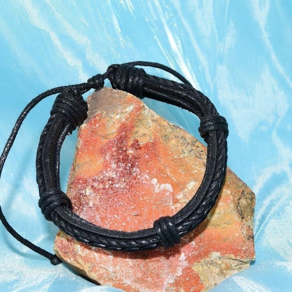 Michael Diego Mens Braid Layered Sliding Tie Leather Bracelet Black Gift Package - Thumbnail 4