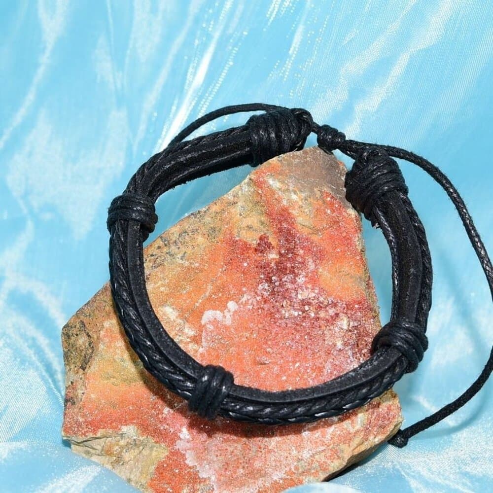 Michael Diego Mens Braid Layered Sliding Tie Leather Bracelet Black Gift Package - Thumbnail 2