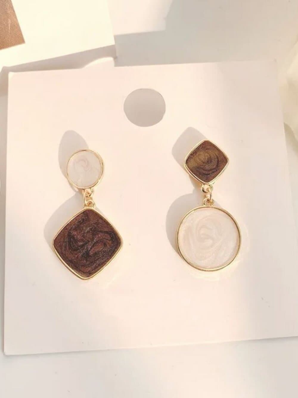 Alina Ellison Enamel Sheen Geo Dangle Earrings Cream Brown Gold Gift Packaged - Thumbnail 2