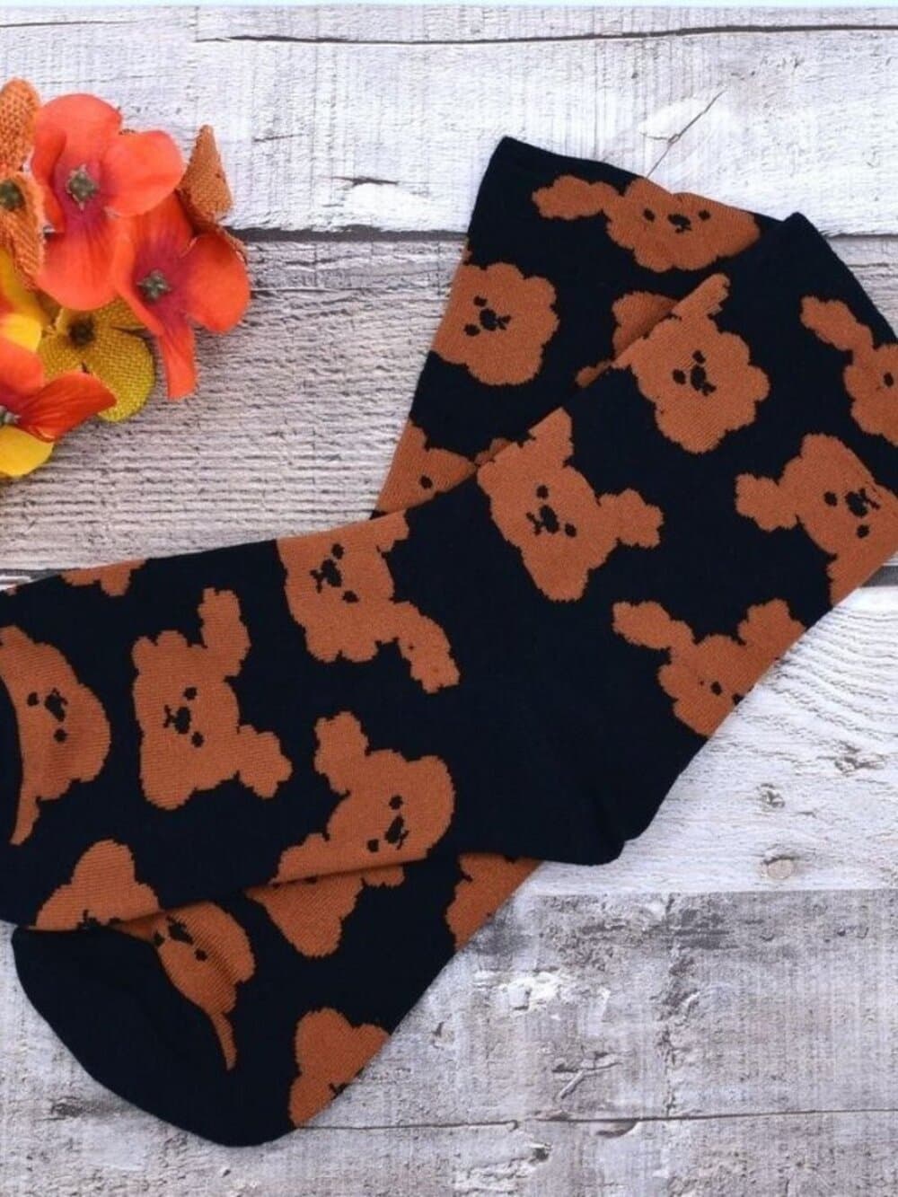 Andi Larose Womens Puppy Dog Pattern Socks Brown on Black Gift Packaged - Thumbnail 5