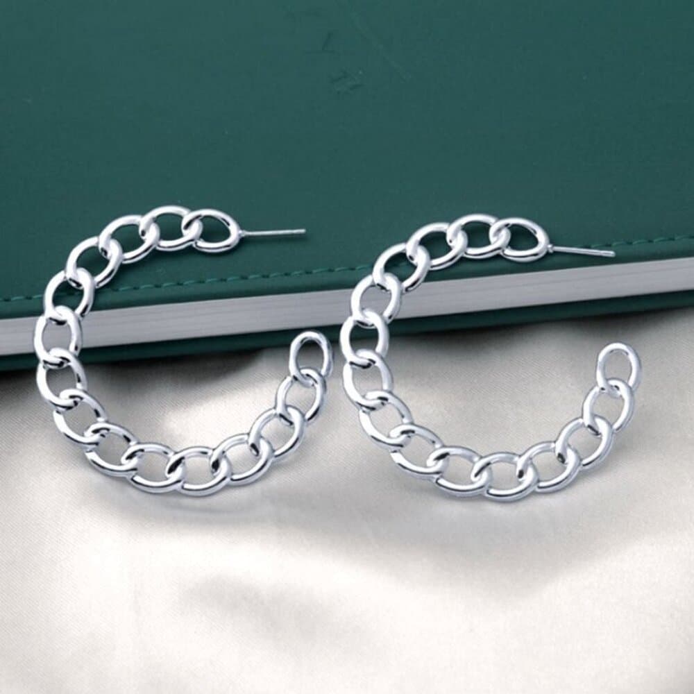 Alyssa Leanne Silver Stationary Link Design Hoop Post Earrings Gift Packaged - Thumbnail 8