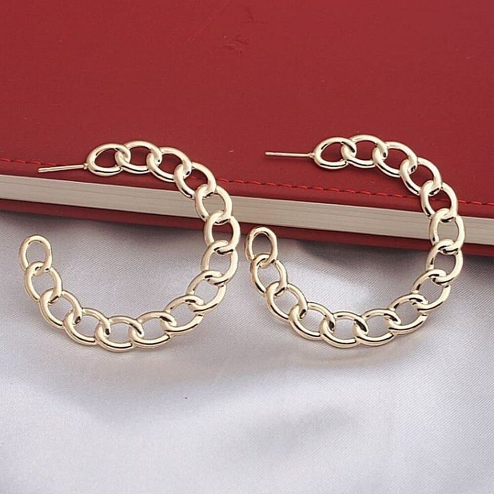 Alyssa Leanna Gold Stationary Link Design Hoop Post Earrings Gift Packaged - Thumbnail 4