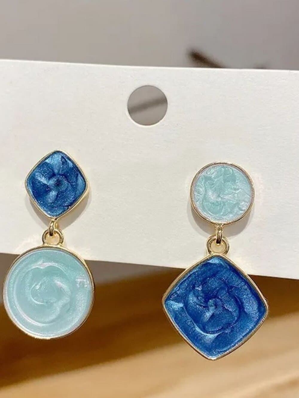 Alina Ellison Enamel Sheen Geo Dangle Earrings Blue Hues Gold Gift Packaged - Thumbnail 2