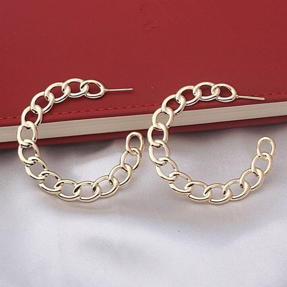 Alyssa Leanna Gold Stationary Link Design Hoop Post Earrings Gift Packaged - Thumbnail 9