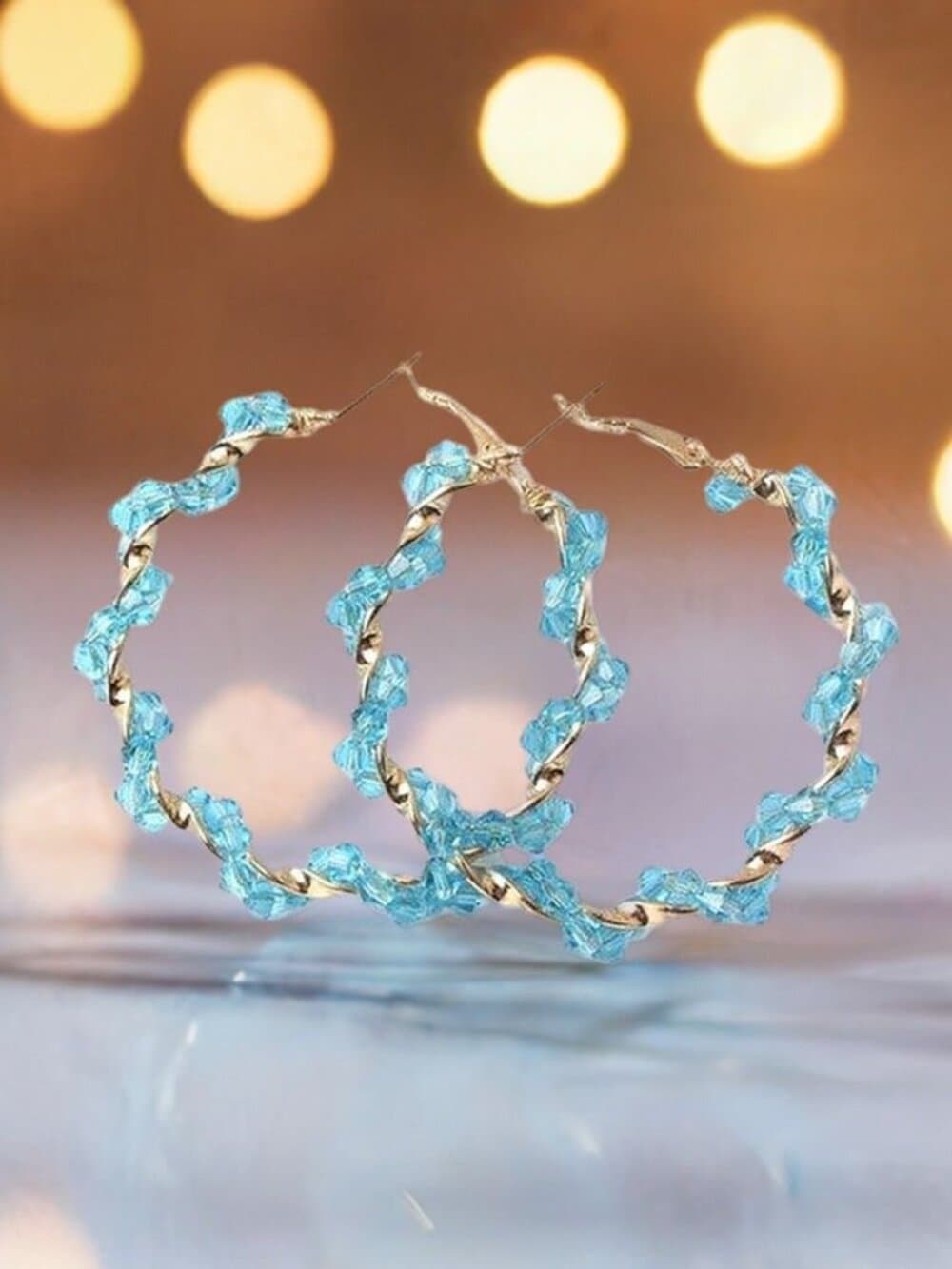 Anastasia Sweet Gold Twist Beaded Hoop Earrings Blue Gift Packaged - Thumbnail 2