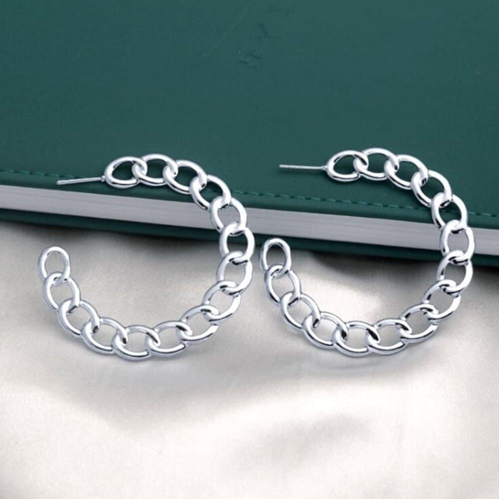 Alyssa Leanne Silver Stationary Link Design Hoop Post Earrings Gift Packaged - Thumbnail 3