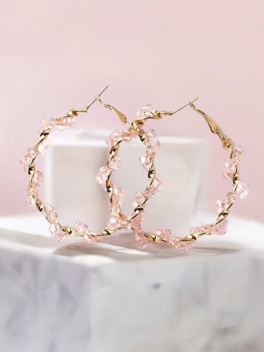 Anastasia Sweet Gold Twist Beaded Hoop Earrings Soft Pink Gift Packaged - Thumbnail 2