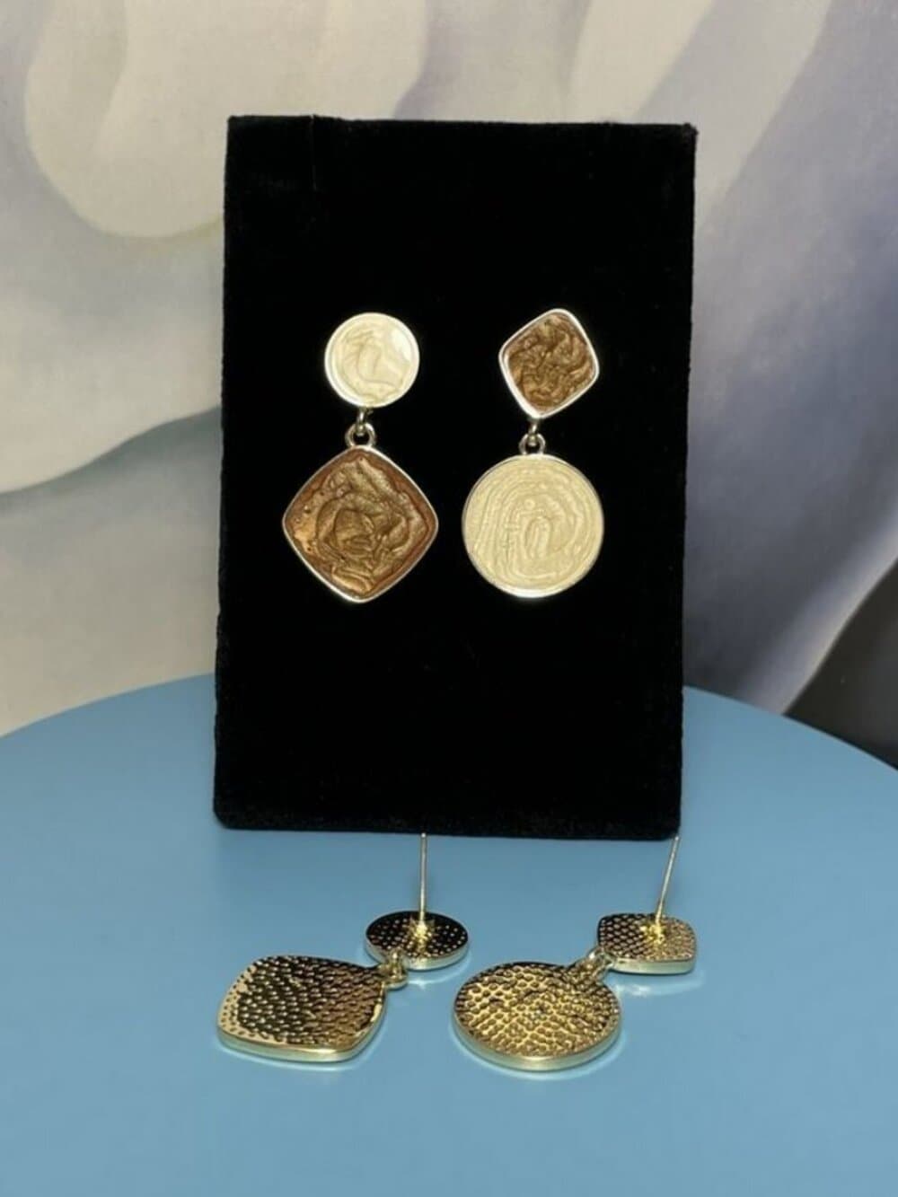 Alina Ellison Enamel Sheen Geo Dangle Earrings Blue Hues Gold Gift Packaged - Thumbnail 3