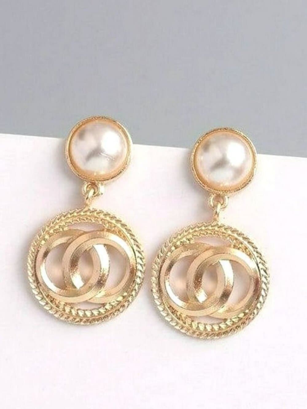 Adell Caspia Pearl Double Round Matt Finish Gold Tone Drop Earrings Gift Package - Thumbnail 3