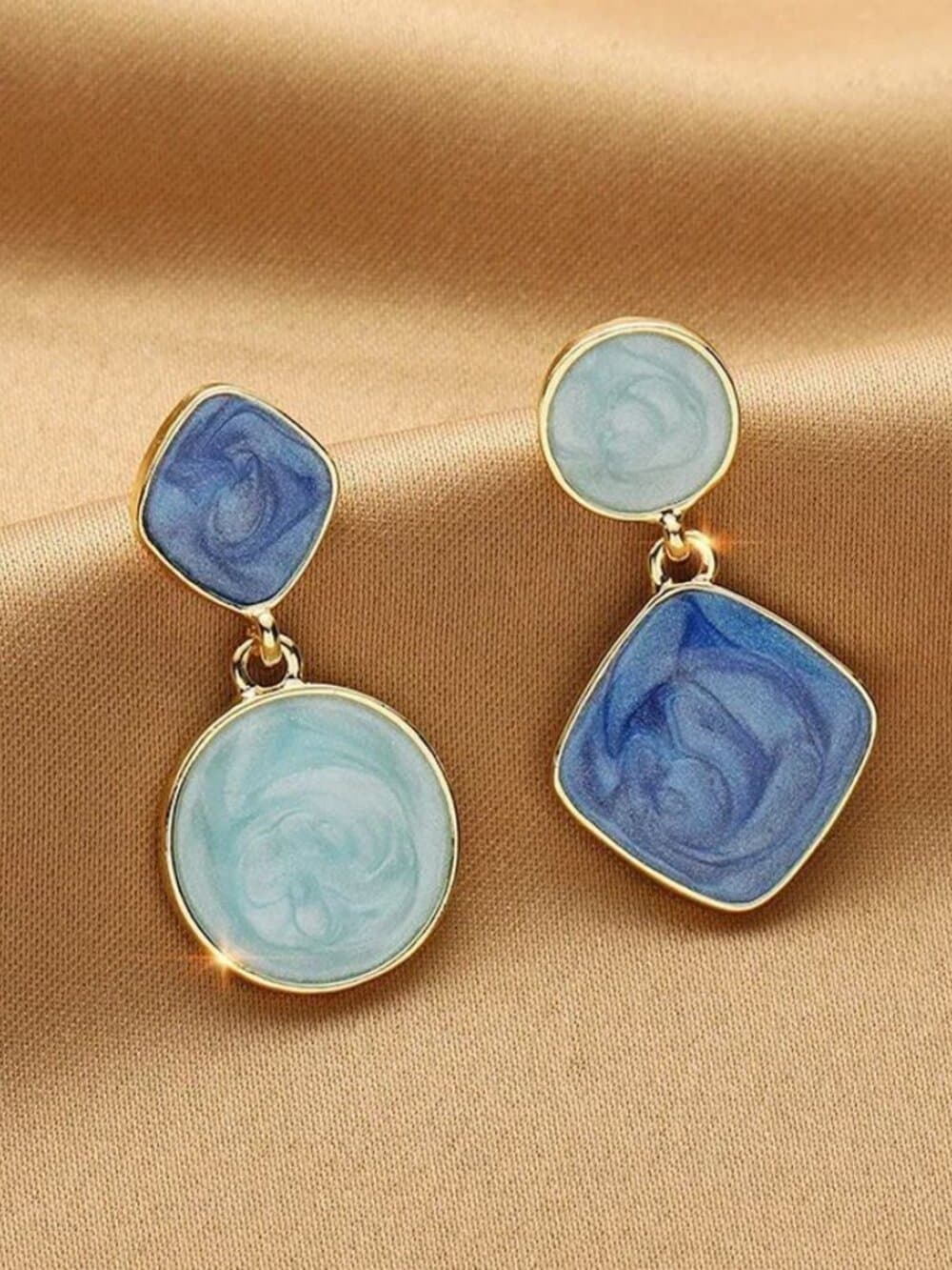 Alina Ellison Enamel Sheen Geo Dangle Earrings Cream Brown Gold Gift Packaged - Thumbnail 4