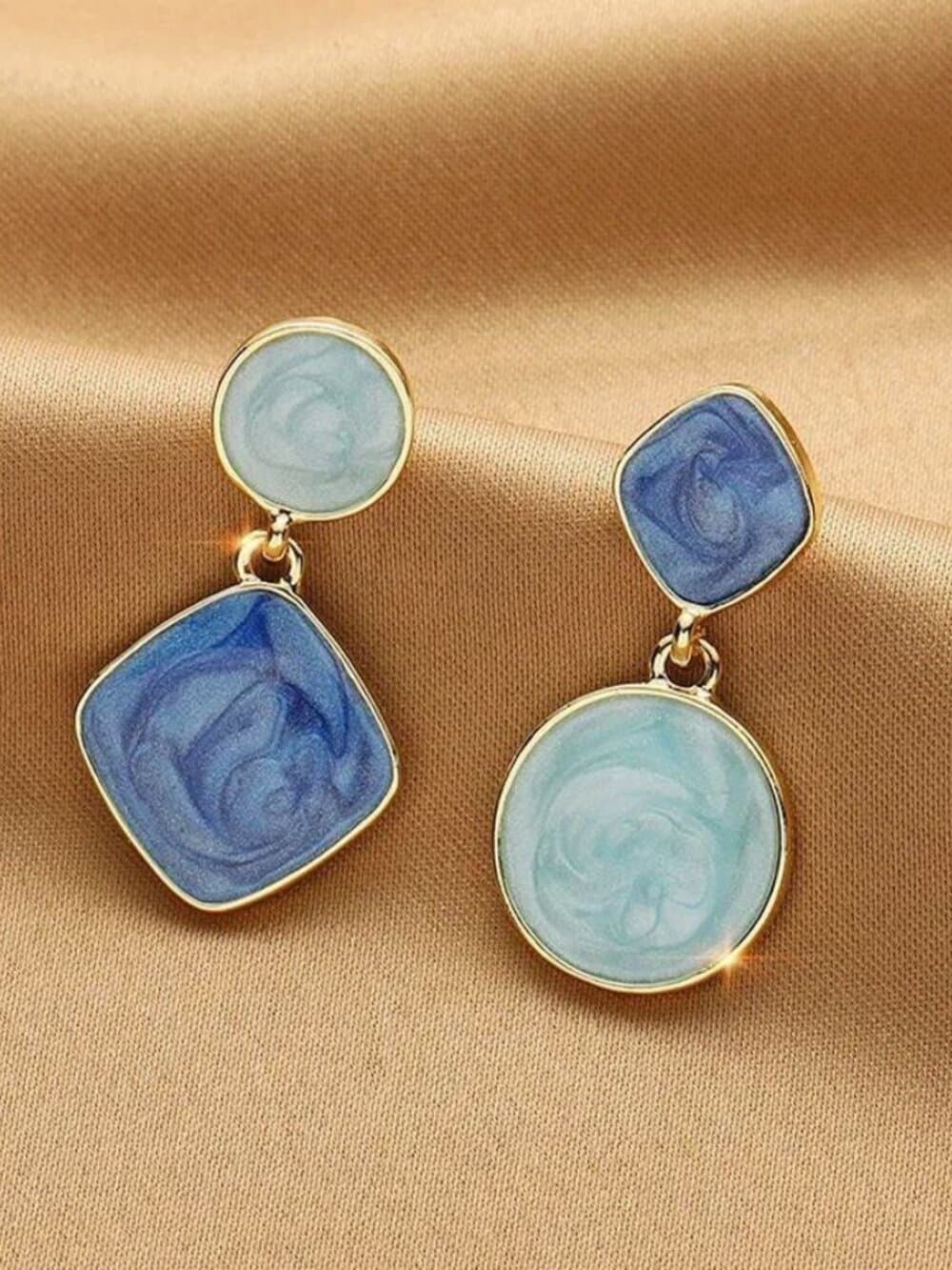 Alina Ellison Enamel Sheen Geo Dangle Earrings Blue Hues Gold Gift Packaged - Thumbnail 4