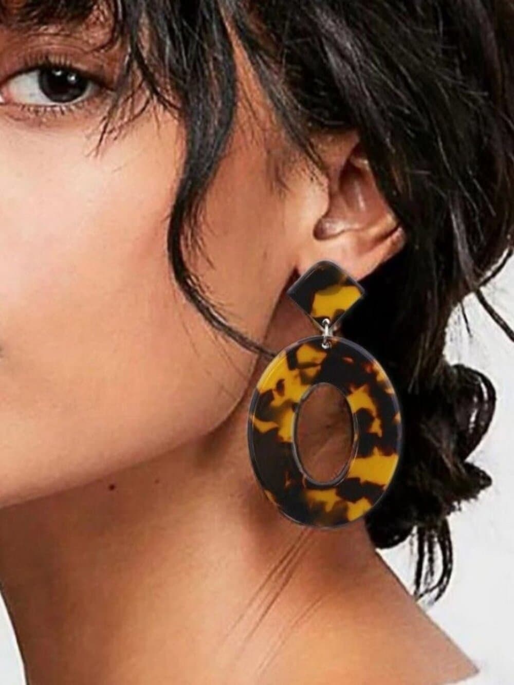 Zinnia Abstracts Geometric Statement Dangle Earrings Open Oval Brown Gold - Thumbnail 2