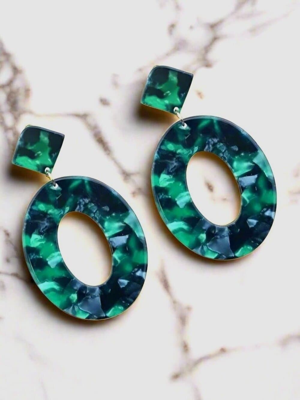 Zinnia Abstracts Geometric Statement Dangle Earrings Open Oval Forest Green