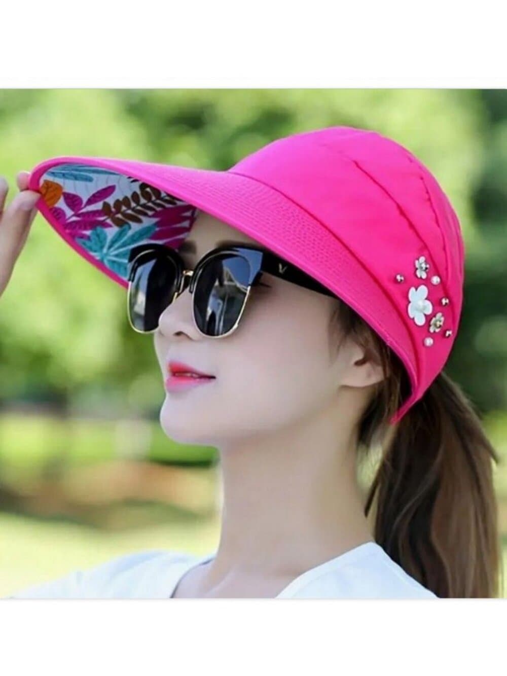 Womens Wide Brim Roll-Up Sun Visor Hat Hot Pink Ponytail Friendly Floral Accent