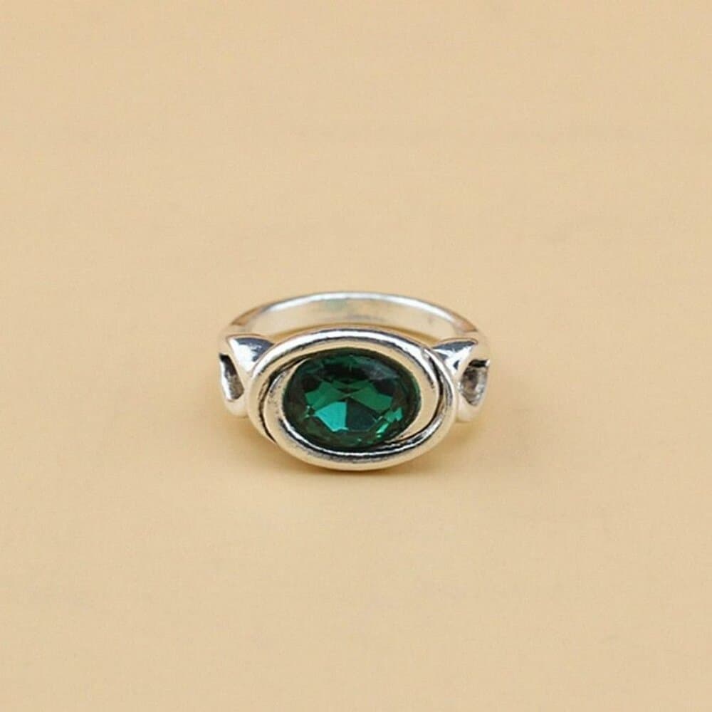 Zalia Oval Modern Silver Ring with Emerald Green Colored Crystal Size 9 Gift Box - Thumbnail 2