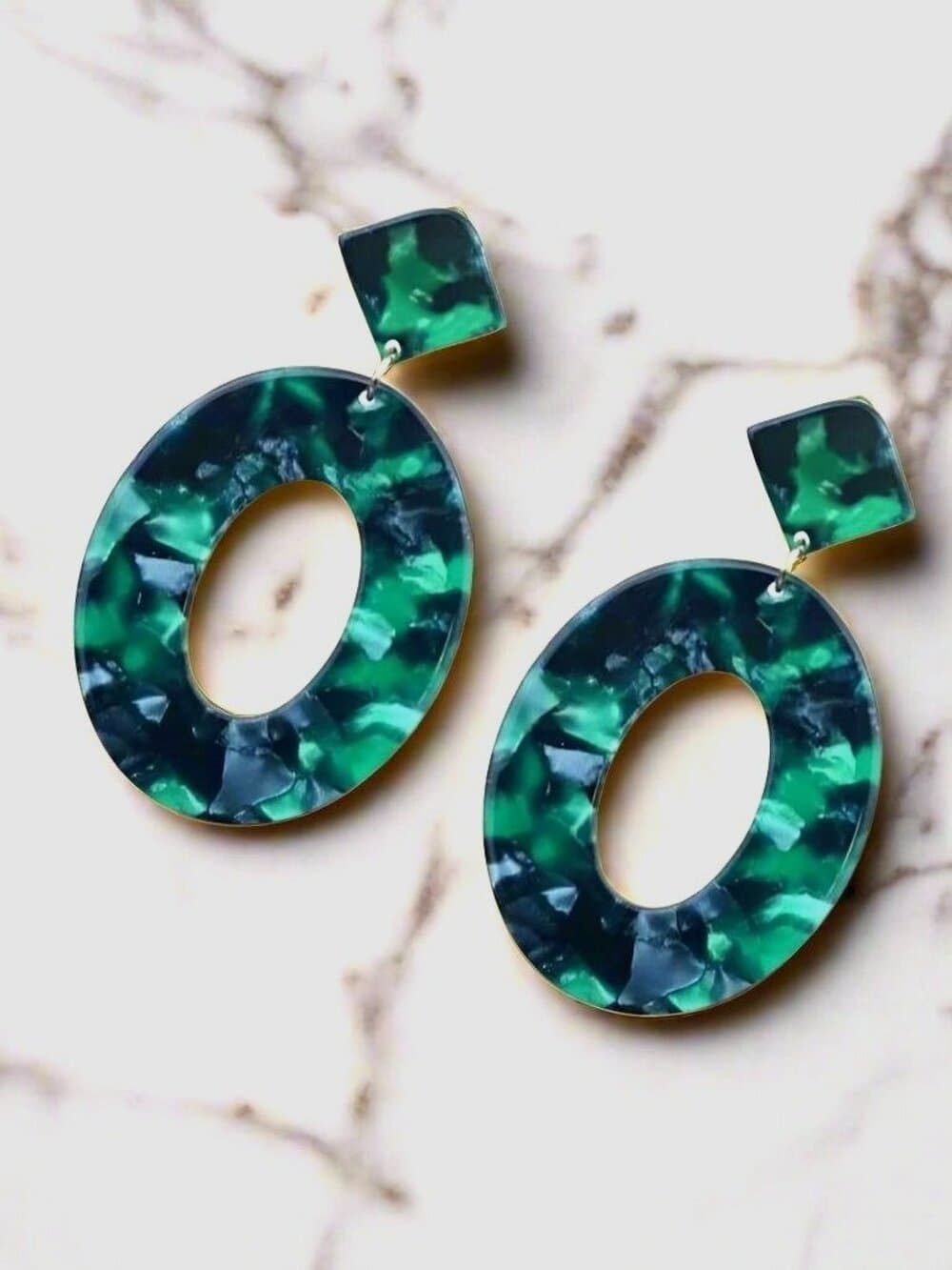 Zinnia Abstracts Geometric Statement Dangle Earrings Open Oval Forest Green - Thumbnail 3
