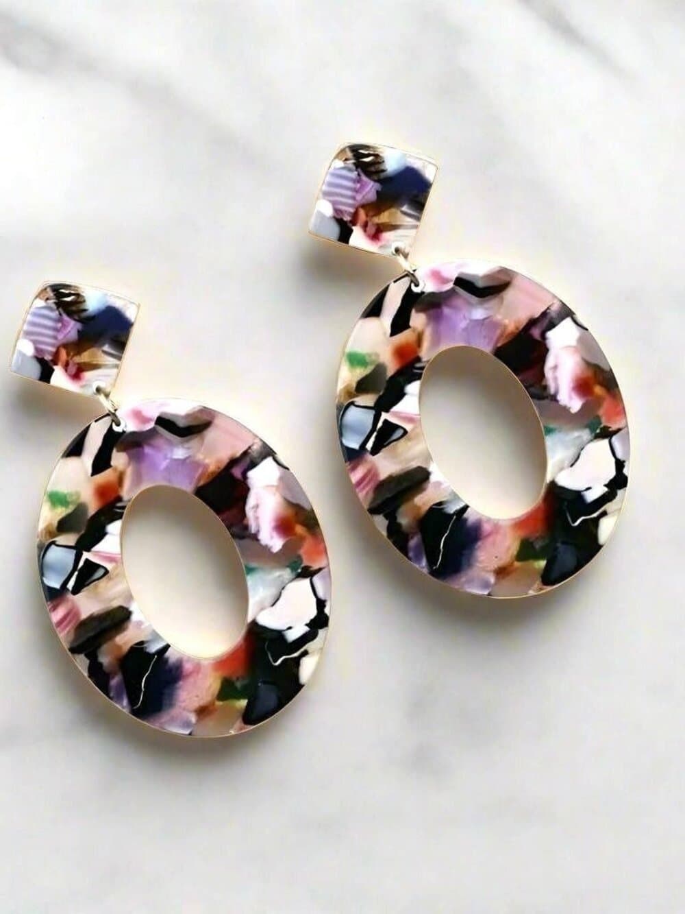 Zinnia Abstracts Geometric Statement Dangle Earrings Open Oval Black Pink