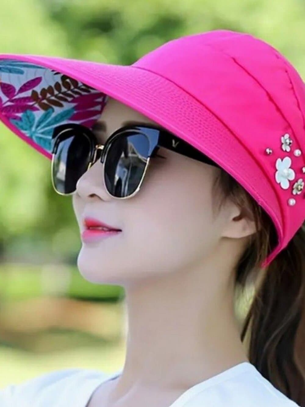 Womens Wide Brim Roll-Up Sun Visor Hat Hot Pink Ponytail Friendly Floral Accent - Thumbnail 5