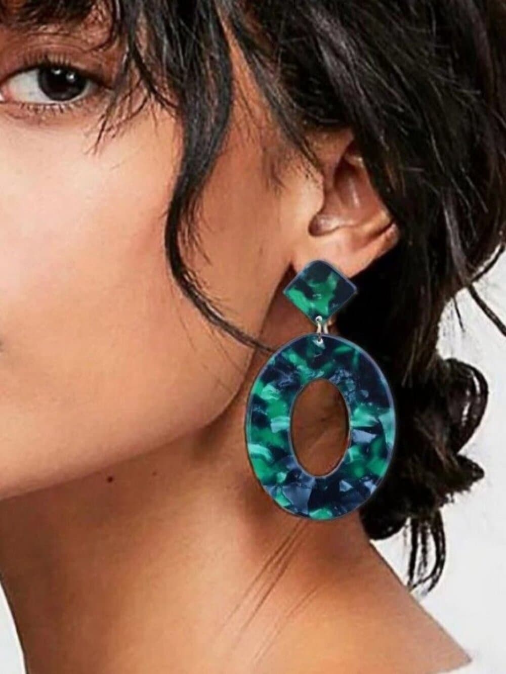 Zinnia Abstracts Geometric Statement Dangle Earrings Open Oval Forest Green - Thumbnail 2