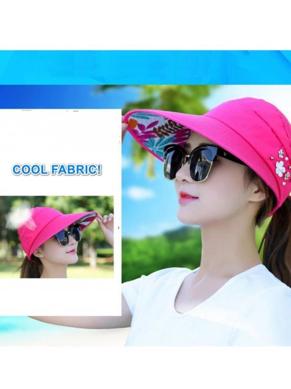 Womens Wide Brim Roll-Up Sun Visor Hat Soft Pink Ponytail Friendly Floral Accent - Thumbnail 4