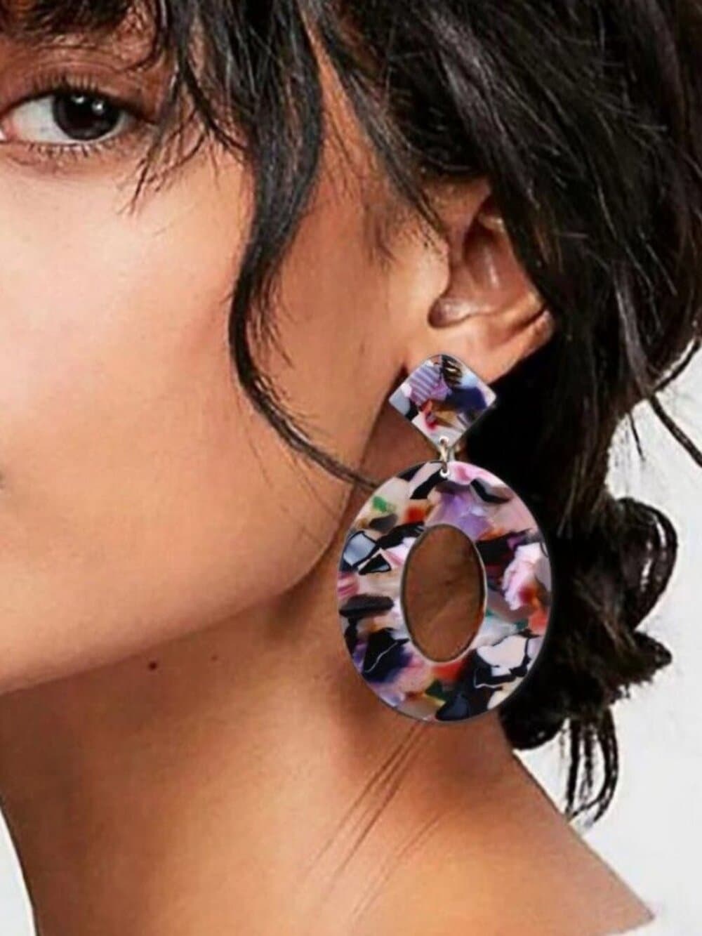 Zinnia Abstracts Geometric Statement Dangle Earrings Open Oval Black Pink - Thumbnail 2