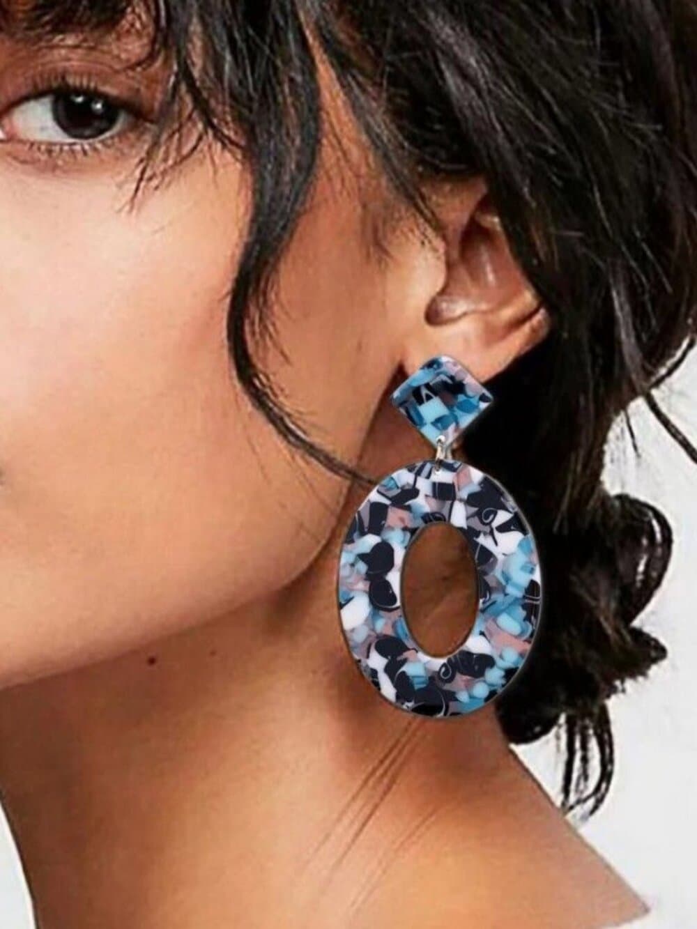 Zinnia Abstracts Geometric Statement Dangle Earrings Open Oval Black Blue - Thumbnail 2
