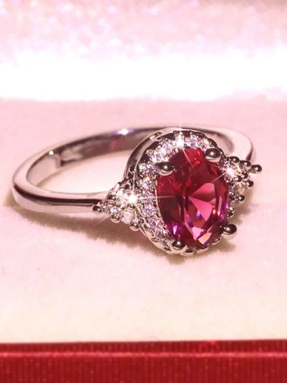 Valentinia Womens Size 7 Oval Faceted Pink Gemstone Silver Ring Gift Boxed - Thumbnail 2
