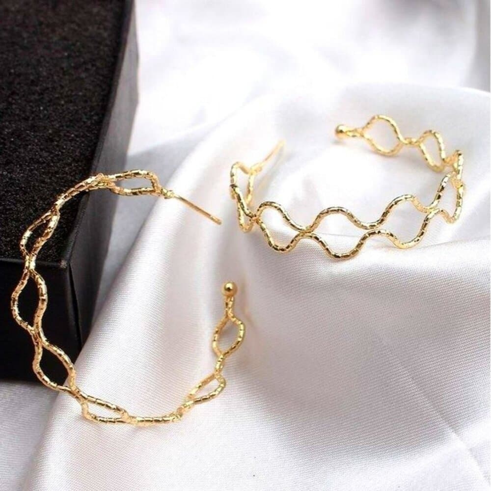 Vanessa Abstract Double Wave Artistic Hoop Earrings in Gold Gift Packaged - Thumbnail 4