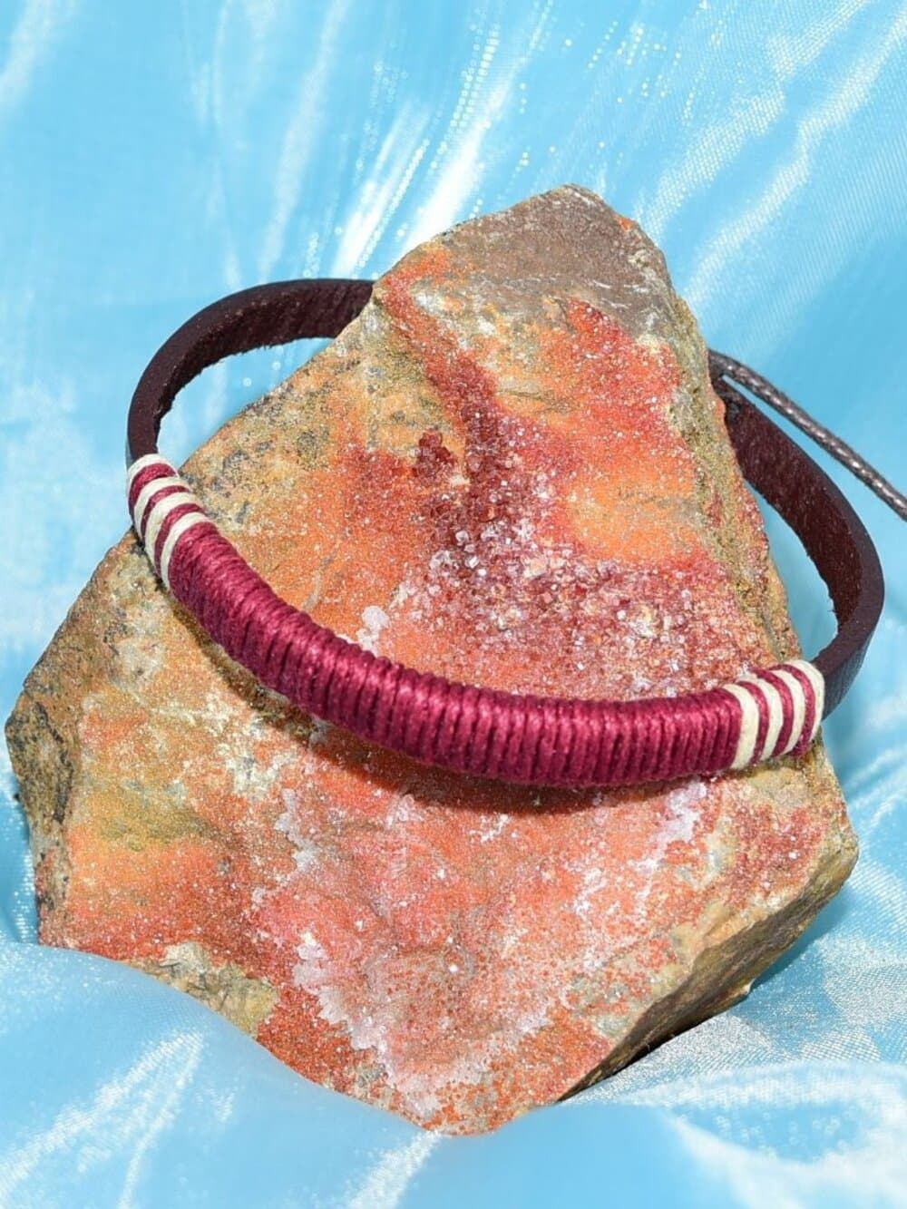 Taylor Rei Hemp Accent Bound Leather Bracelet Maroon Wine Red Womens Gift Boxed - Thumbnail 3