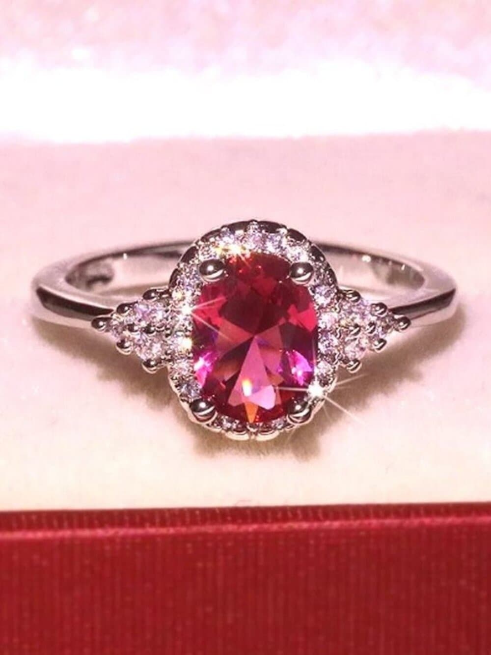 Valentinia Womens Size 7 Oval Faceted Pink Gemstone Silver Ring Gift Boxed - Thumbnail 4