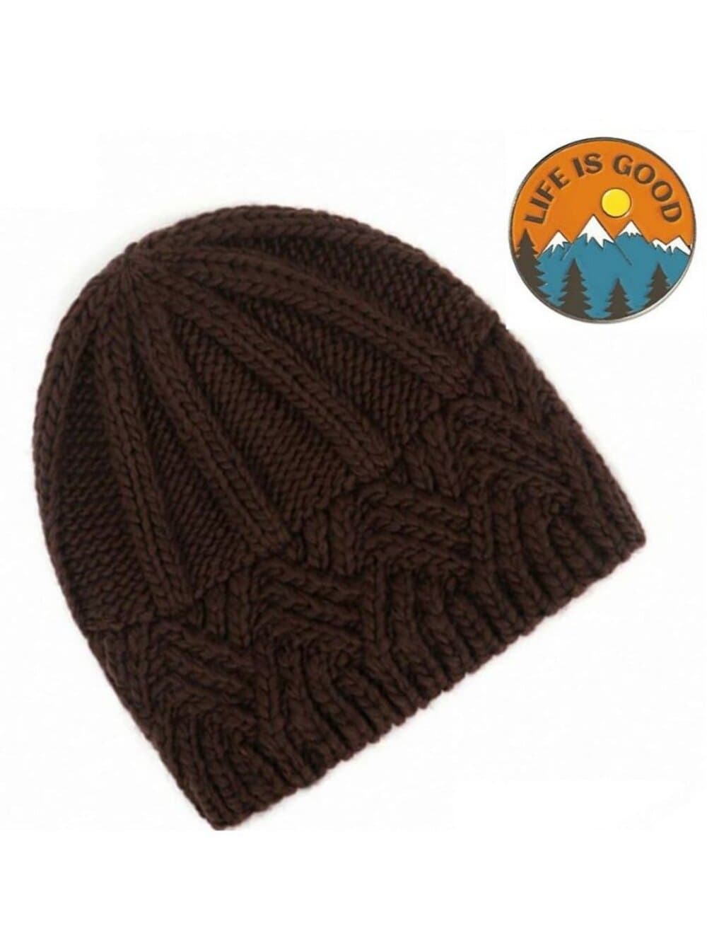 Whitney Brown Crochet Knit Beanie and Mountain Pin Set Gift Packaged