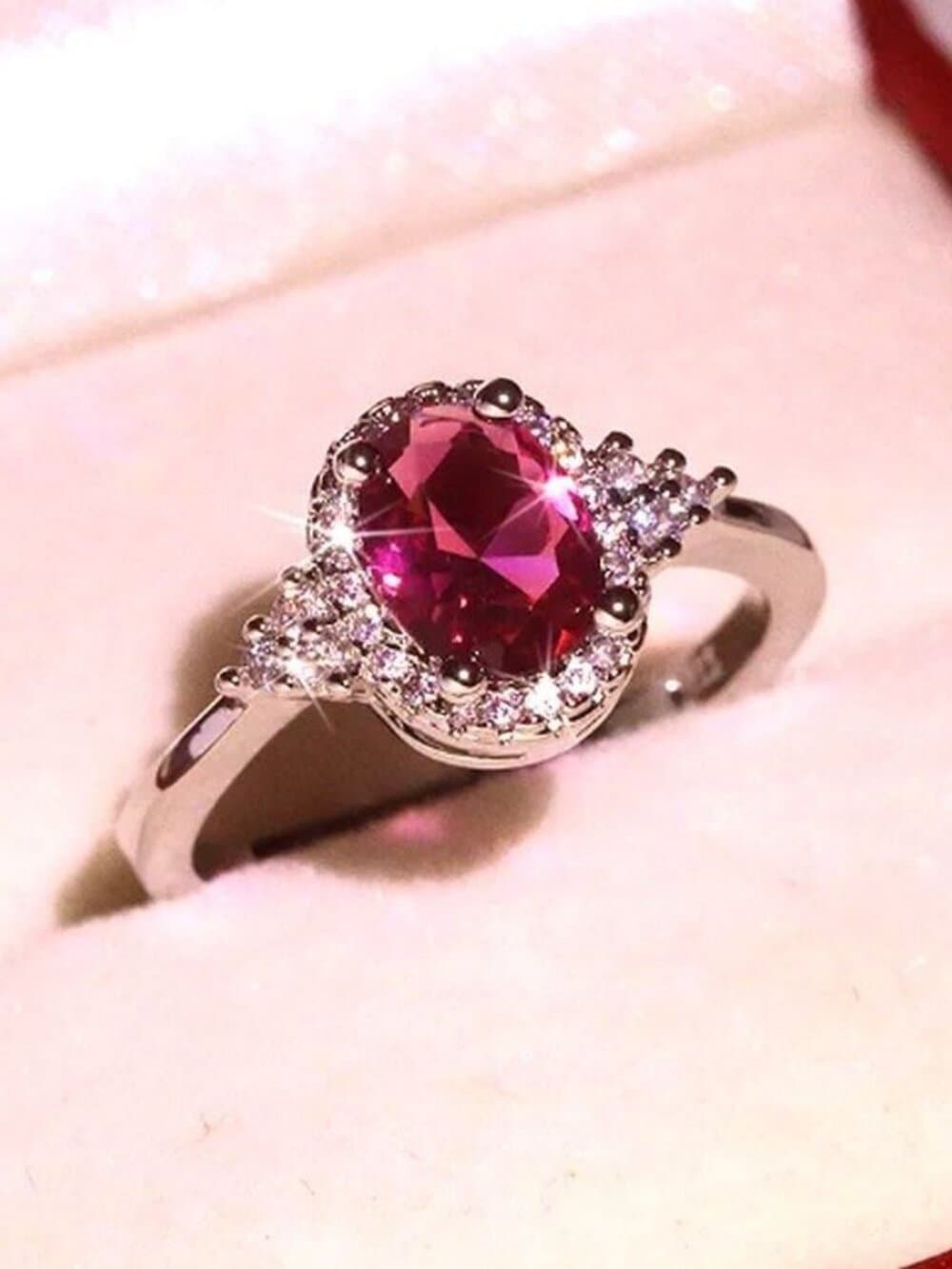 Valentinia Womens Size 7 Oval Faceted Pink Gemstone Silver Ring Gift Boxed - Thumbnail 5