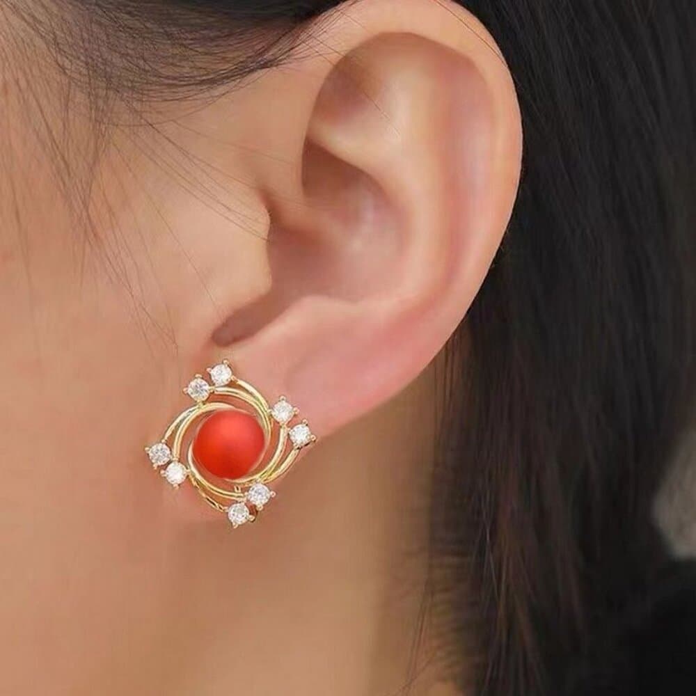 Vienna Swirl Persimmon Red Orange Pearl Crystal Accent Earrings Gift Packaged - Thumbnail 3