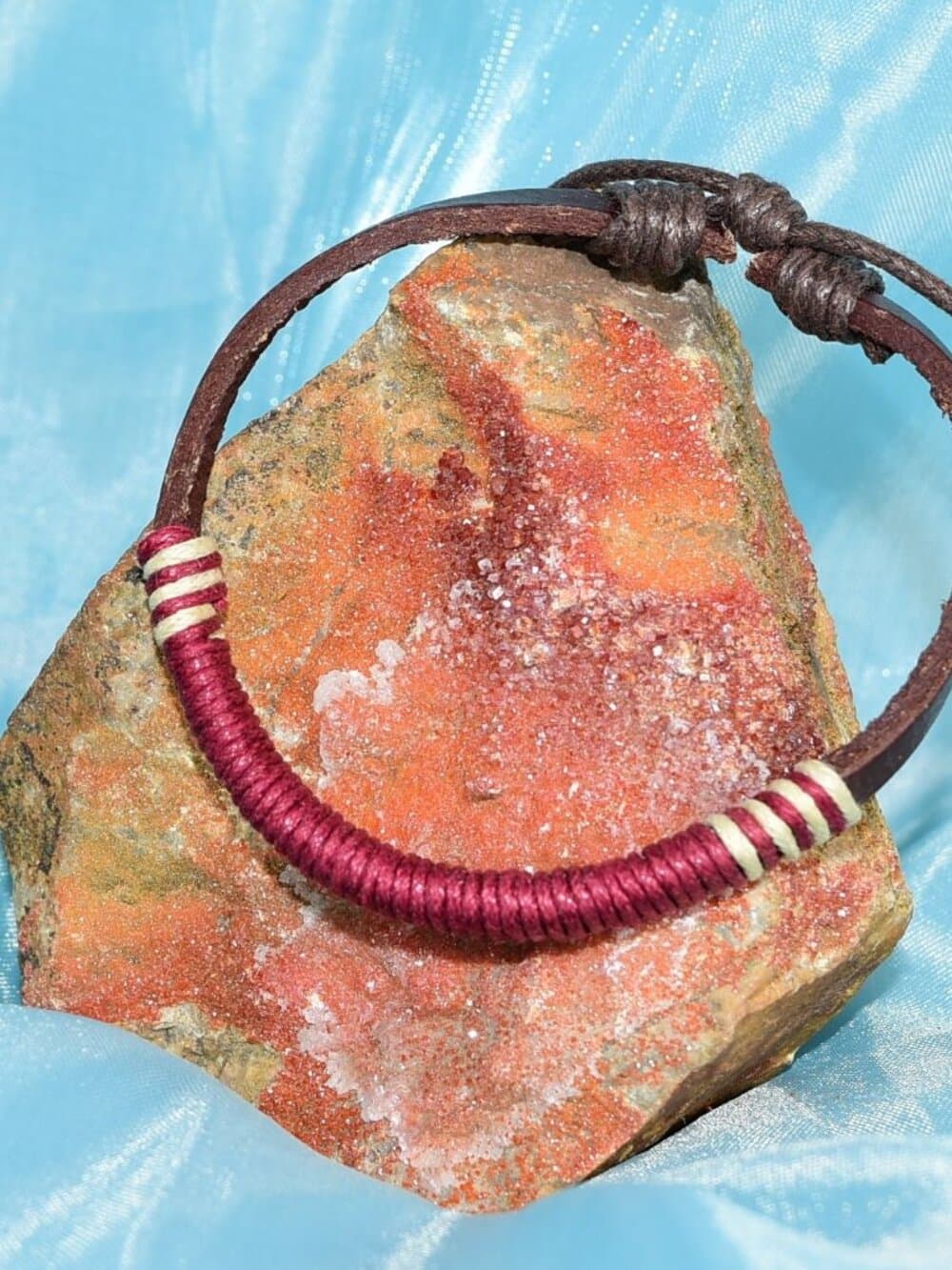Taylor Rei Hemp Accent Bound Leather Bracelet Maroon Wine Red Womens Gift Boxed - Thumbnail 2