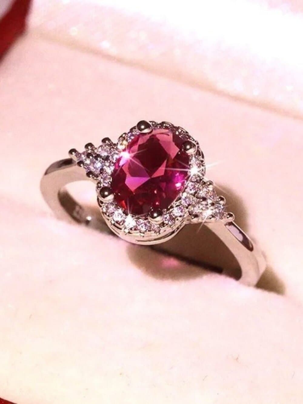 Valentinia Womens Size 7 Oval Faceted Pink Gemstone Silver Ring Gift Boxed - Thumbnail 3
