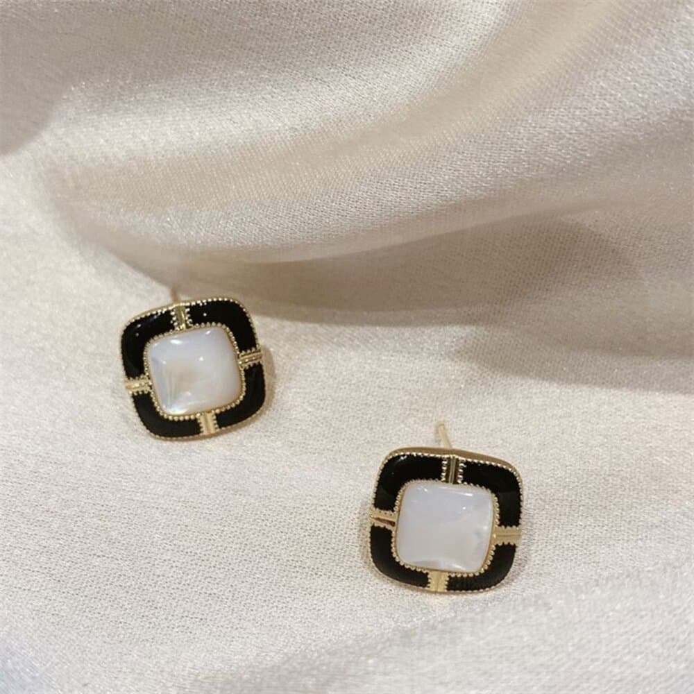 Valeri Ann Elegant Composure Square Stud Earrings Black Cream Gold Gift Packaged - Thumbnail 3