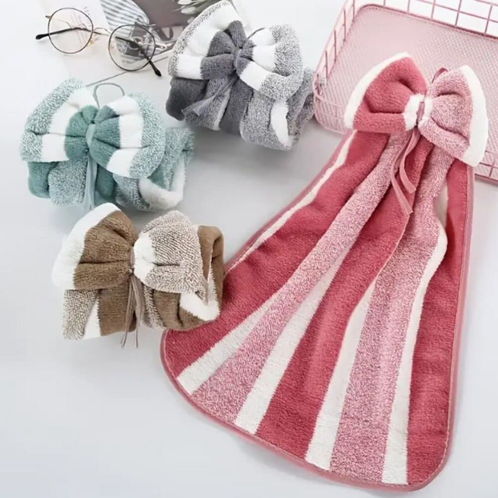 Shiloh Striped Green Bow Topper Hanging Microfiber Fingertip Towel Gift Packaged - Thumbnail 2