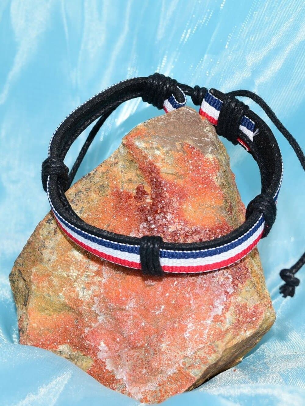 Rey Ribbon Slide Tie Leather Bracelet Red White Blue Stripe Womens Gift Boxed - Thumbnail 2