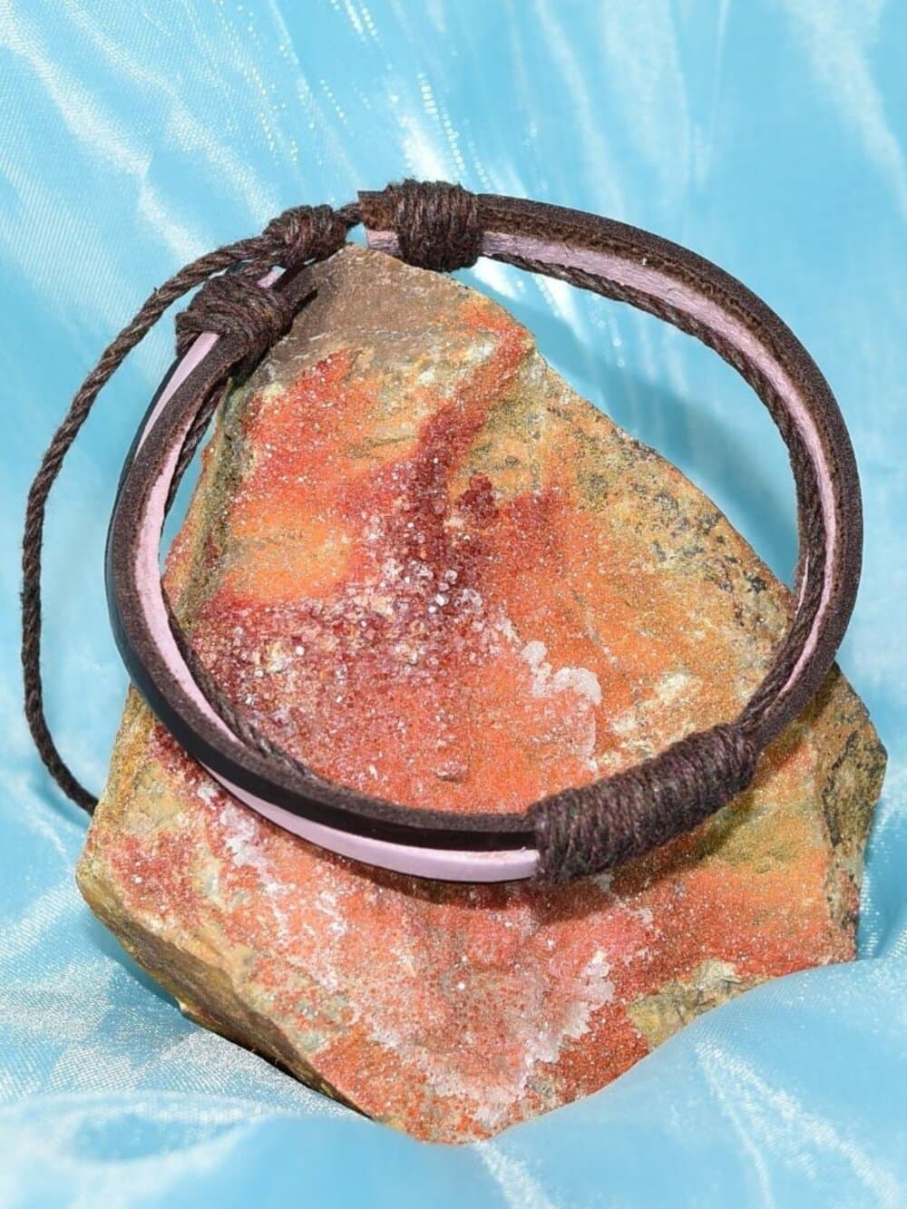 Skye Lane Hemp Accent Boho Tie Leather Bracelet Brown Pink Womens Gift Boxed - Thumbnail 4