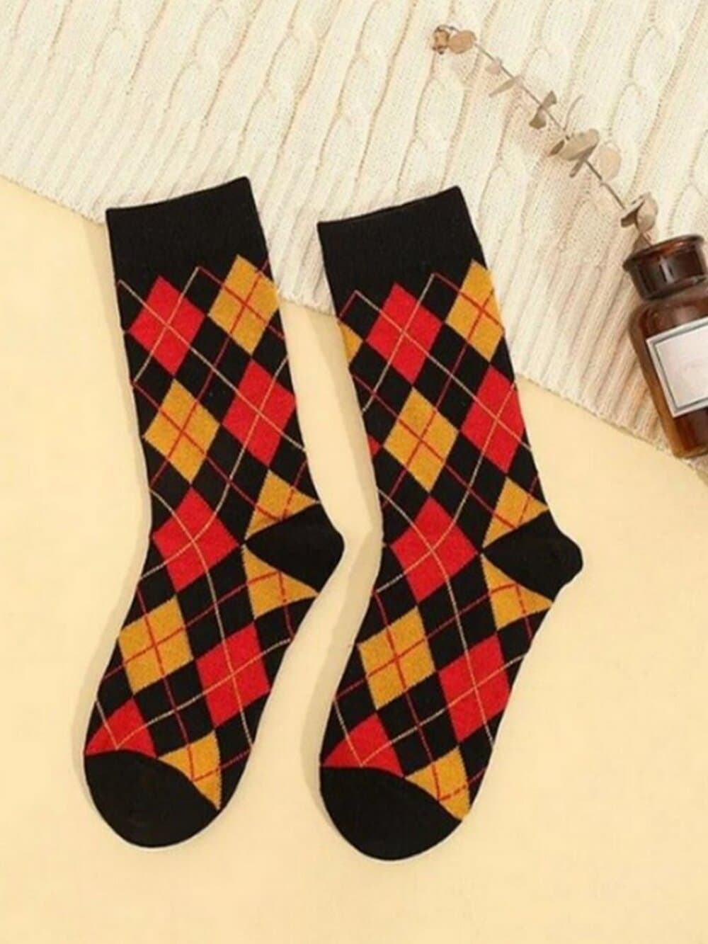 Shelby Argyle Pattern Socks Black with Orange and Red Gift Packaged - Thumbnail 3