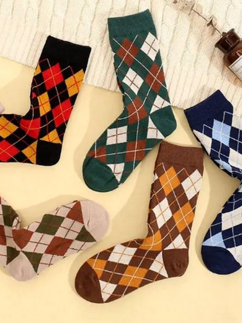 Shelby Argyle Pattern Socks Black with Orange and Red Gift Packaged - Thumbnail 2